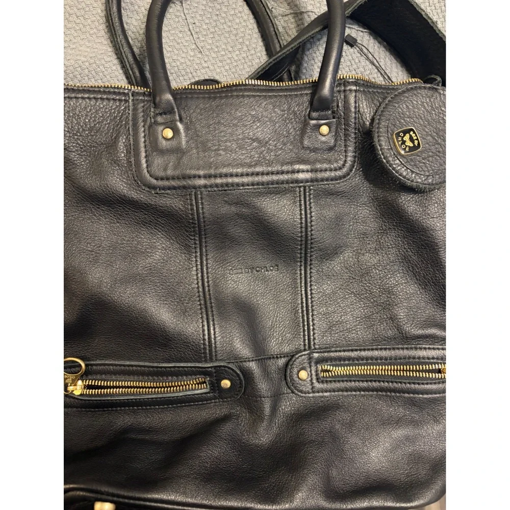 See by Chloe Black Pebbled Leather Satchel Handbag Gold Hardware Medallion